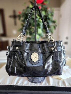 COACH Black Patent Leather Turnlock Shoulder Bag with Charm & Satin Storage Bag